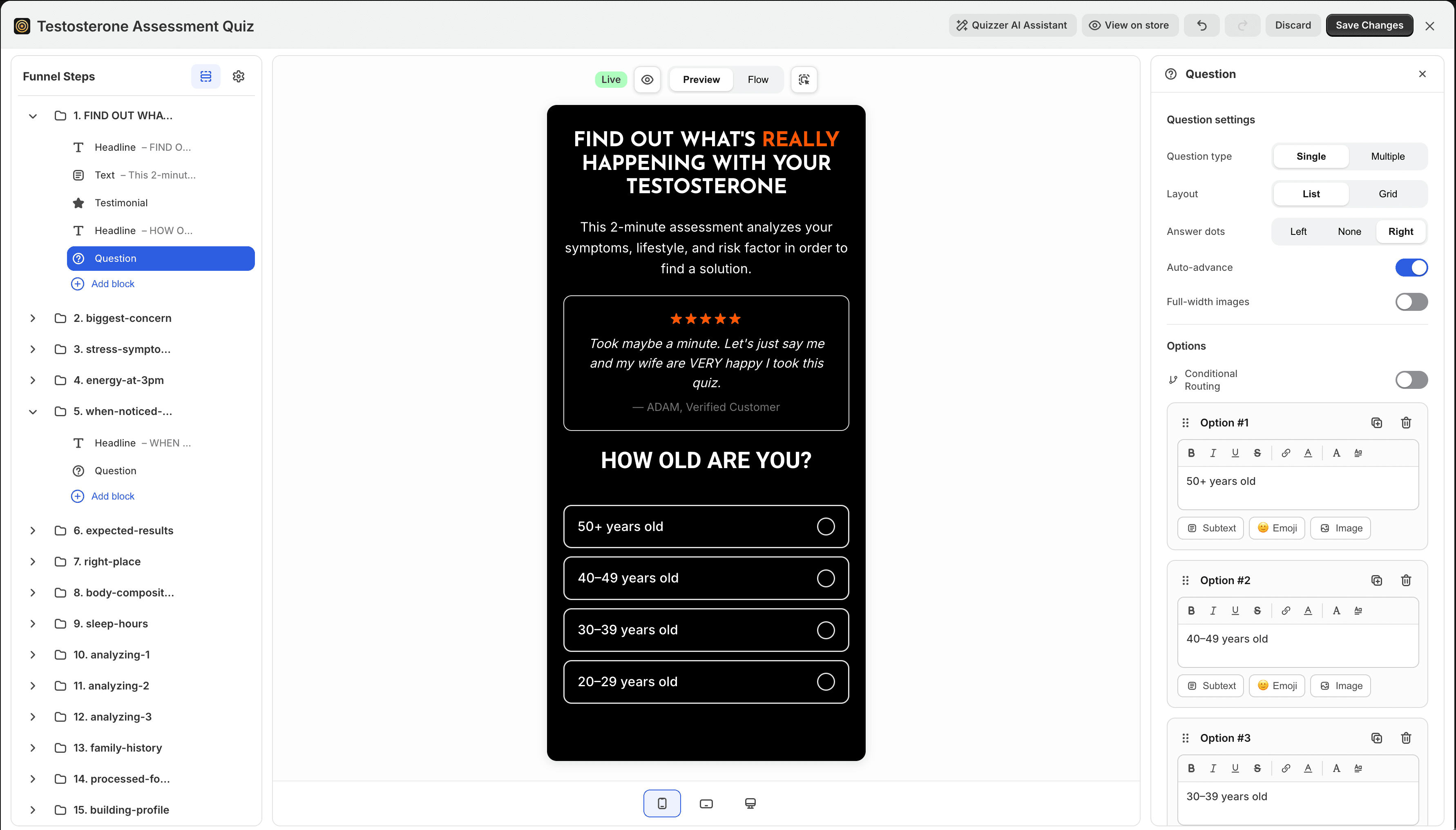 QuizLanding visual quiz editor with funnel steps, a live mobile preview, and the question settings panel