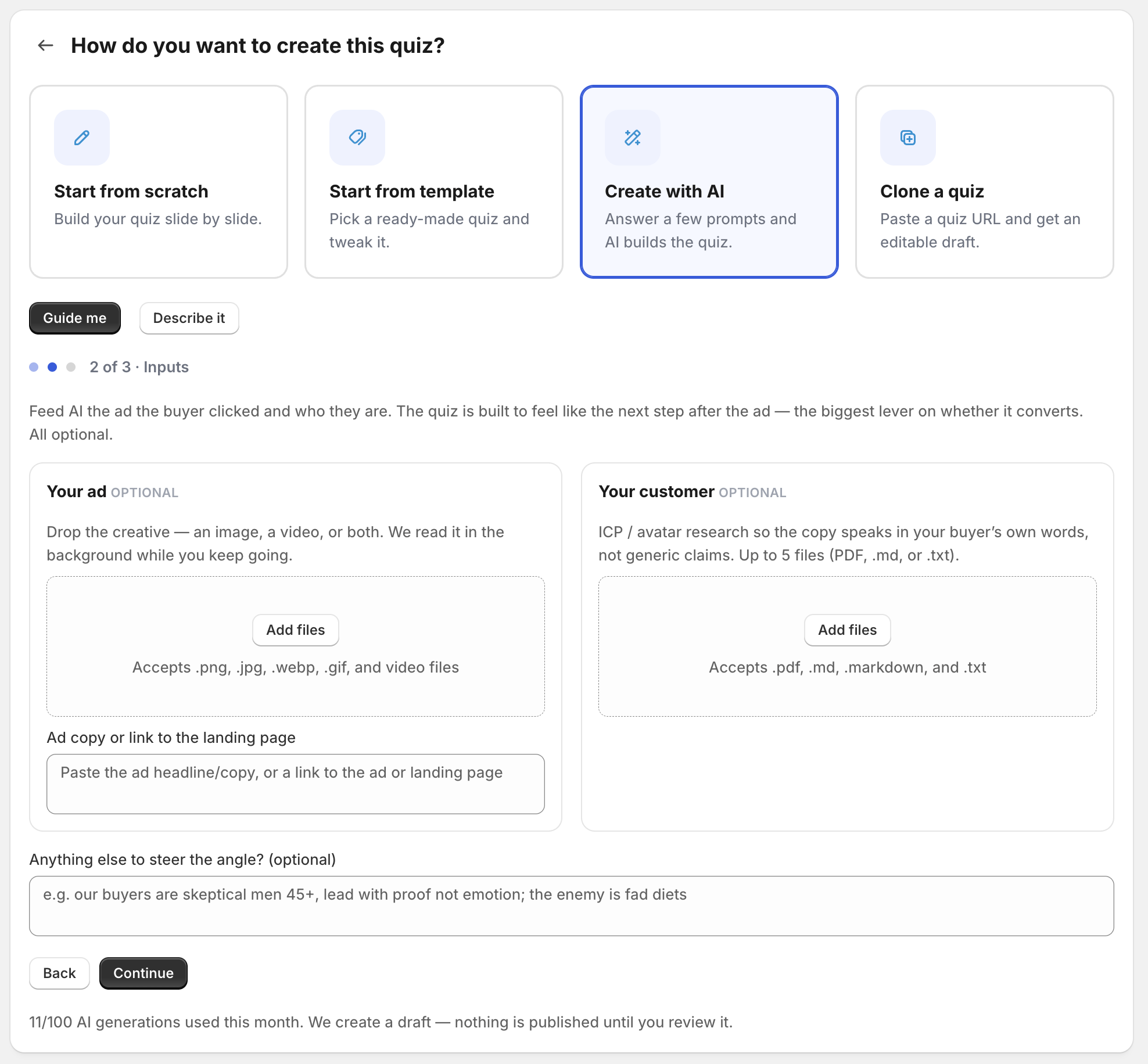 QuizLanding's "Create with AI" flow — pick how to build, then let AI draft the quiz from your ad and customer info