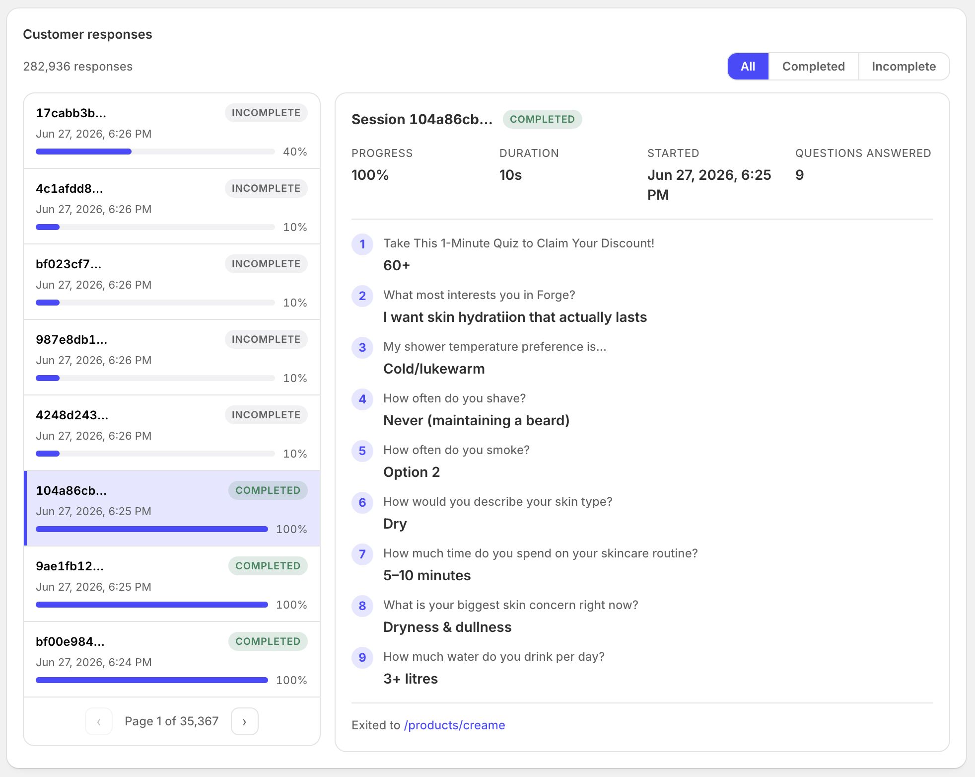 QuizLanding's customer responses view showing each session's answers and where the shopper exited