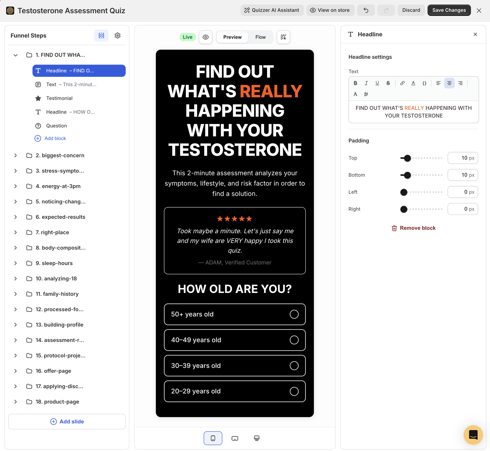 A supplement-style quiz in the editor — goal-based routing built visually