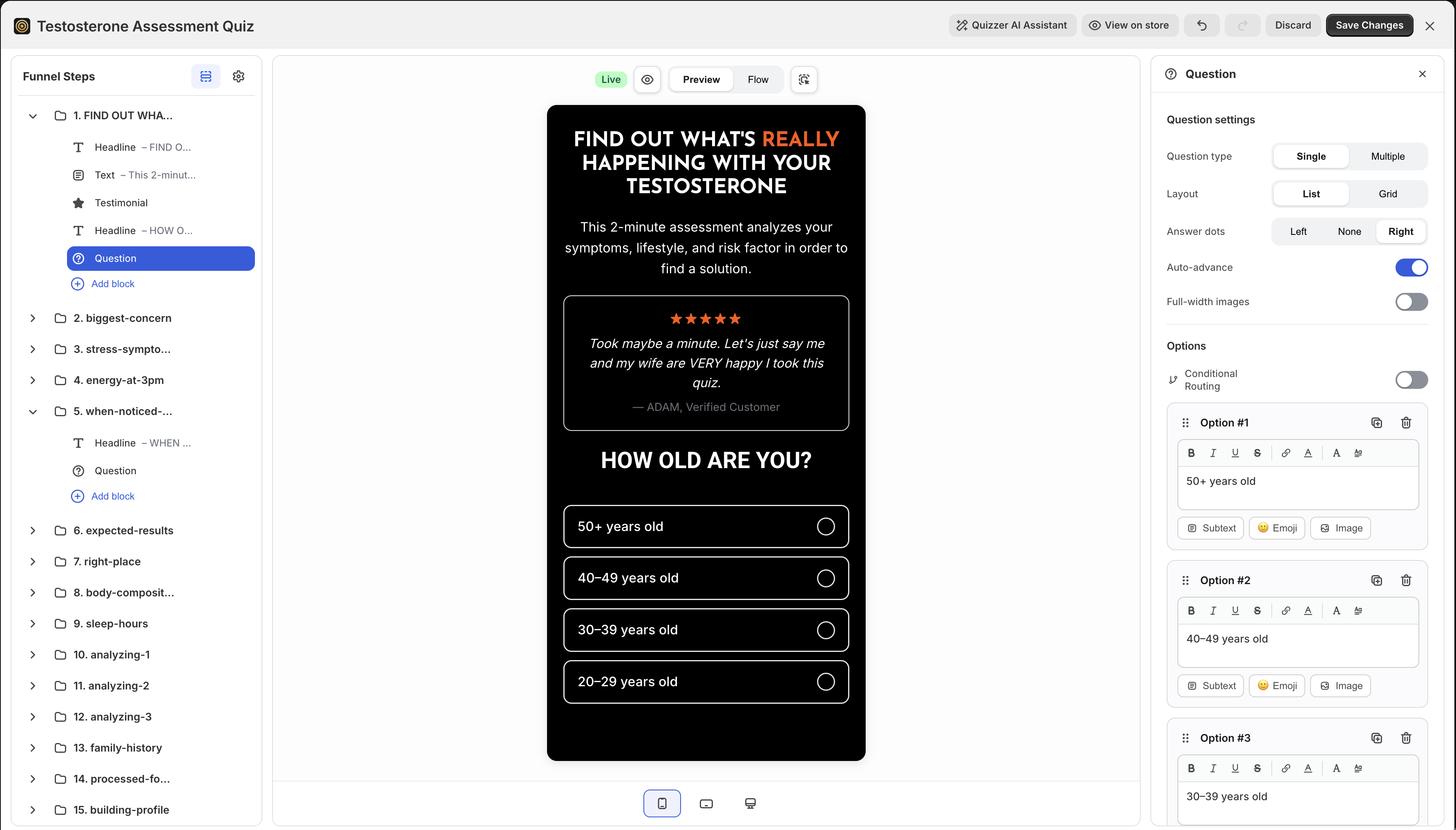 QuizLanding's no-code editor with funnel steps, live preview, and per-question settings including conditional routing